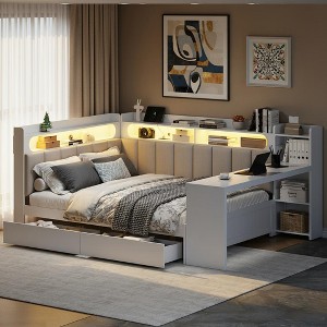 Polibi Full Size Daybed with Upholstered Storage Headboard, LED Lighting and Charging Station - 1 of 4