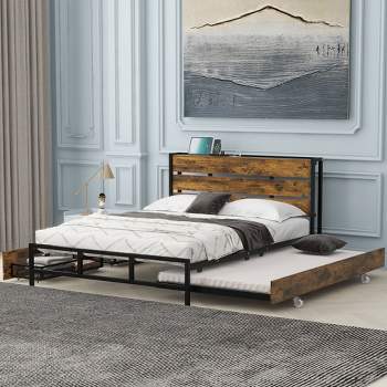 Full/Queen Size Metal Platform Bed With Sockets and USB Ports 4M - ModernLuxe