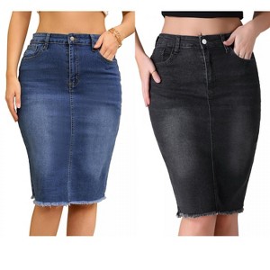 INSPIRE CHIC Women's Raw Hem High Waisted Pockets Stretch Knee Length Jean Denim Skirt 2 Packs - 1 of 4