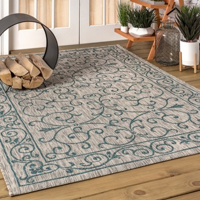 Boho-Chic Vintage Filigree Teal & Gray Synthetic Indoor/Outdoor Rug