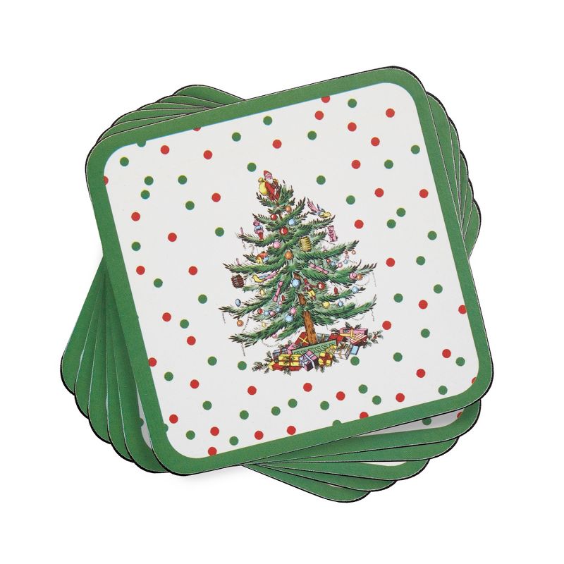 Pimpernel Christmas Tree Polka Dot Coasters, Set of 6, Cork Backed Board Heat and Stain Resistant, Drinks Coaster for Tabletop Protection, 1 of 8
