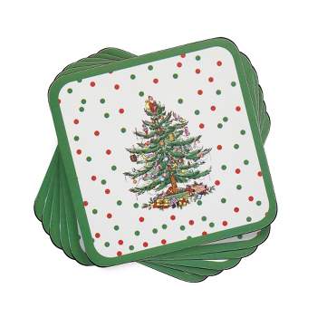 Pimpernel Christmas Tree Polka Dot Coasters, Set of 6, Cork Backed Board Heat and Stain Resistant, Drinks Coaster for Tabletop Protection