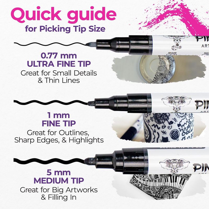 PINTAR Premium Acrylic Paint Pens - 4 (0.7mm), 4(1.0mm) & 4(5.0mm) Fine Tip Pens For Rock Painting, Ceramic Glass, Wood, Glass (12 Black), 5 of 10