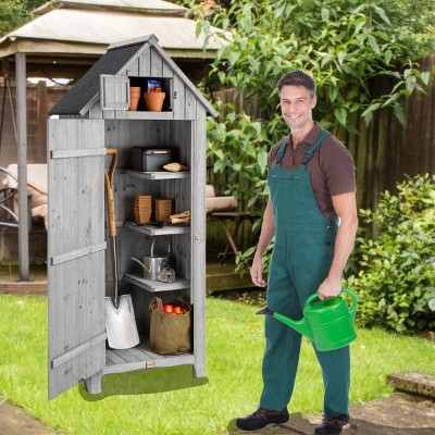 65''H Patio Wooden Garden Apex Roof Tool Storage Shed,Outdoor Storage Shed with Floor and Three Partitions,Patio Lawn Storage Cabinet-Coolbibila