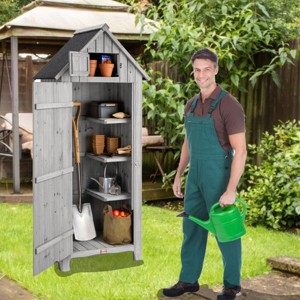 65''H Patio Wooden Garden Apex Roof Tool Storage Shed,Outdoor Storage Shed with Floor and Three Partitions,Patio Lawn Storage Cabinet-Coolbibila - 1 of 4