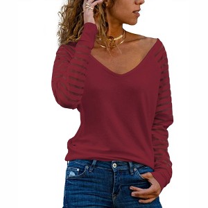 Coolmee Womens Long Sleeve Tunic Tops Striped Mesh Patchwork Sleeve Casual V Neck Loose Blouses - 1 of 4