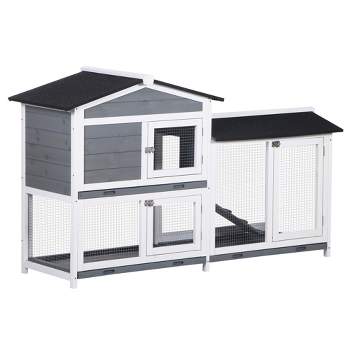PawHut 2-Story Rabbit Hutch Wooden Bunny Hutch Cage Small Animal House with Ramp No Leak Tray Weatherproof Roof and Outdoor Run Indoor/Outdoor