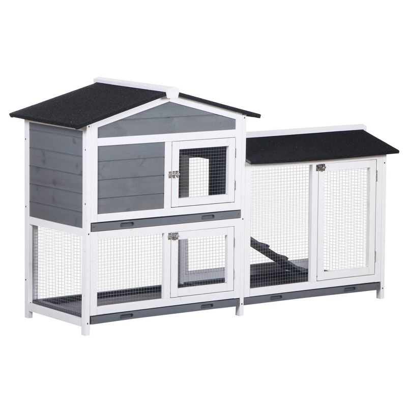 PawHut 2-Story Rabbit Hutch Wooden Bunny Hutch Cage Small Animal House with Ramp No Leak Tray Weatherproof Roof and Outdoor Run Indoor/Outdoor, 1 of 8