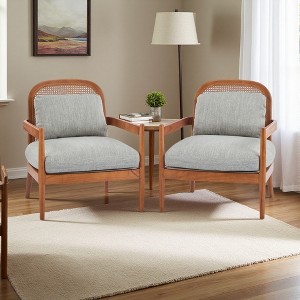 26.6" Fabric Mid-Century Accent Chairs Set of 2 with Walnut Frame and Rattan Backrest - 1 of 4