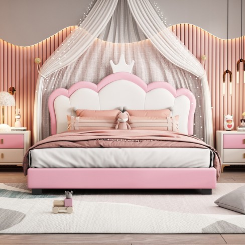 Full Size Upholstered Platform Bed With Crown Headboard, Princess Bed ...