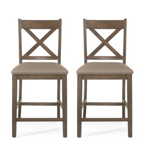 Upholstered Counter Stools Set of 2, Farmhouse X-Back Design with Rubberwood Frame and Comfortable Seating for Kitchen or Bar - 1 of 4