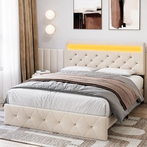 Whizmax Queen/Full Size Bed Frame with LED Lights Headboard, LED Bed Frame with Fast-Charging USB Port, Upholstered Platform Bed Frame, Noise Free - 1 of 4