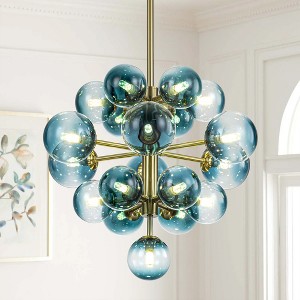 Rennnsan Mavita 21" W 19 -light Gradient Blue Glass Dimmable Contemporary Bubble Chandelier in Brushed Gold & Black - 1 of 4