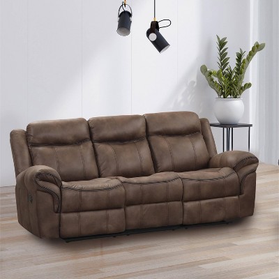 87" Brown Suede Reclining Sofa with Cup Holders