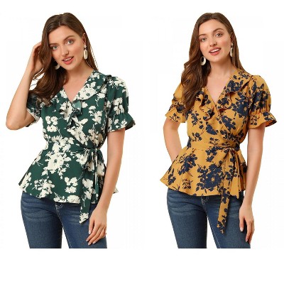 INSPIRE CHIC Women's Floral V Neck Tie Waist Belted Ruffle Wrap Shirt 2 Pcs