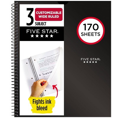 Five Star 170 Sheets 3 Subject Wide Ruled Customizable Notebook Feature Rich Black: Spiral, 8x10.5", Perforated, SFI Certified
