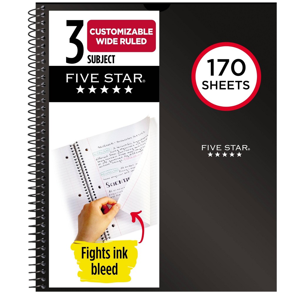 Five Star 170 Sheets 3 Subject Wide Ruled Customizable Notebook Feature Rich Black: Spiral, 8x10.5", Perforated, SFI Certified