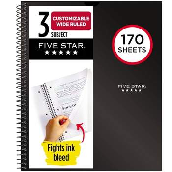 Five Star 170 Sheets 3 Subject Wide Ruled Customizable Notebook Feature Rich Black