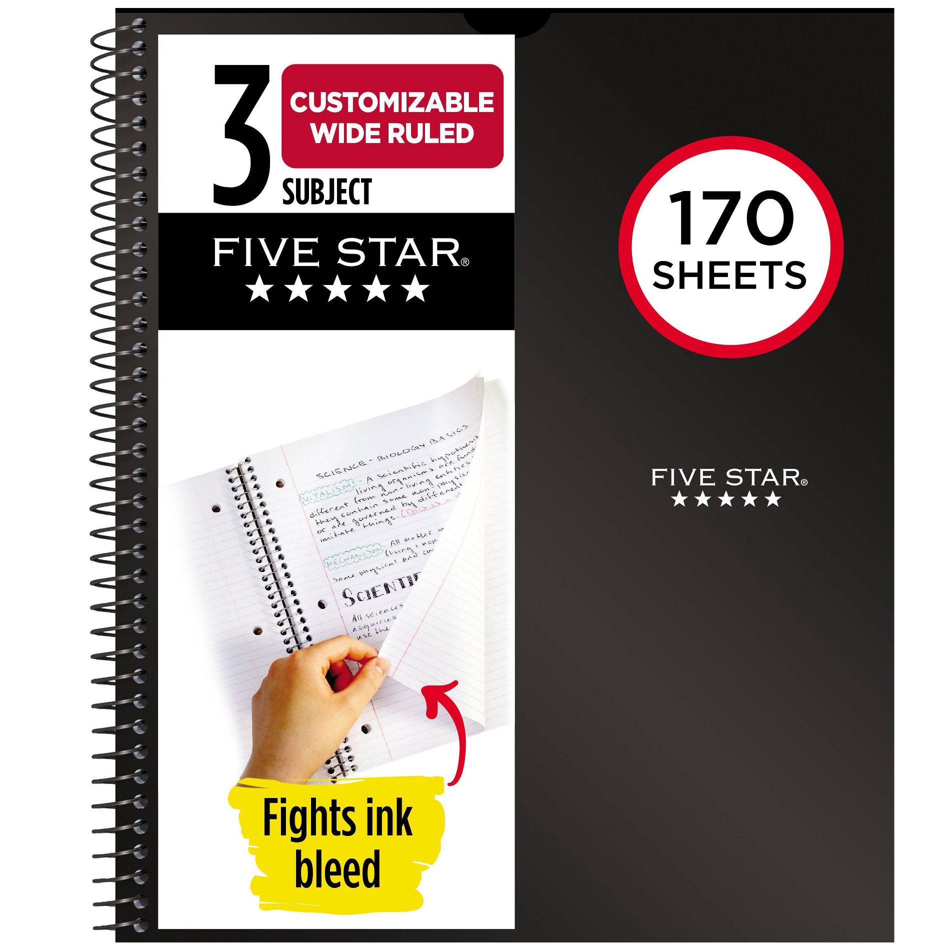 Five Star 170 Sheets 3 Subject Wide Ruled Customizable Notebook Feature Rich Black: Spiral, 8x10.5", Perforated, SFI Certified