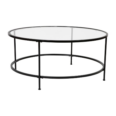 Merrick Lane Glass Coffee Table with Round Matte Black Frame and Vertical Legs