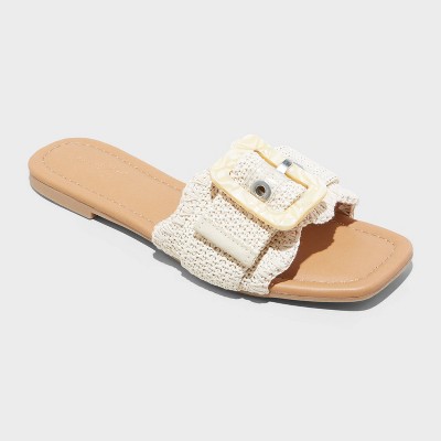 River Island Cream Raffia Double Buckle Sliders in White