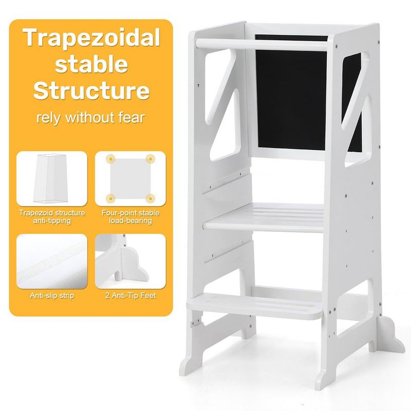 White Wooden Toddler Step Stool with Chalkboard & Whiteboard, for Bathroom Kitchen Counter, 4 of 7