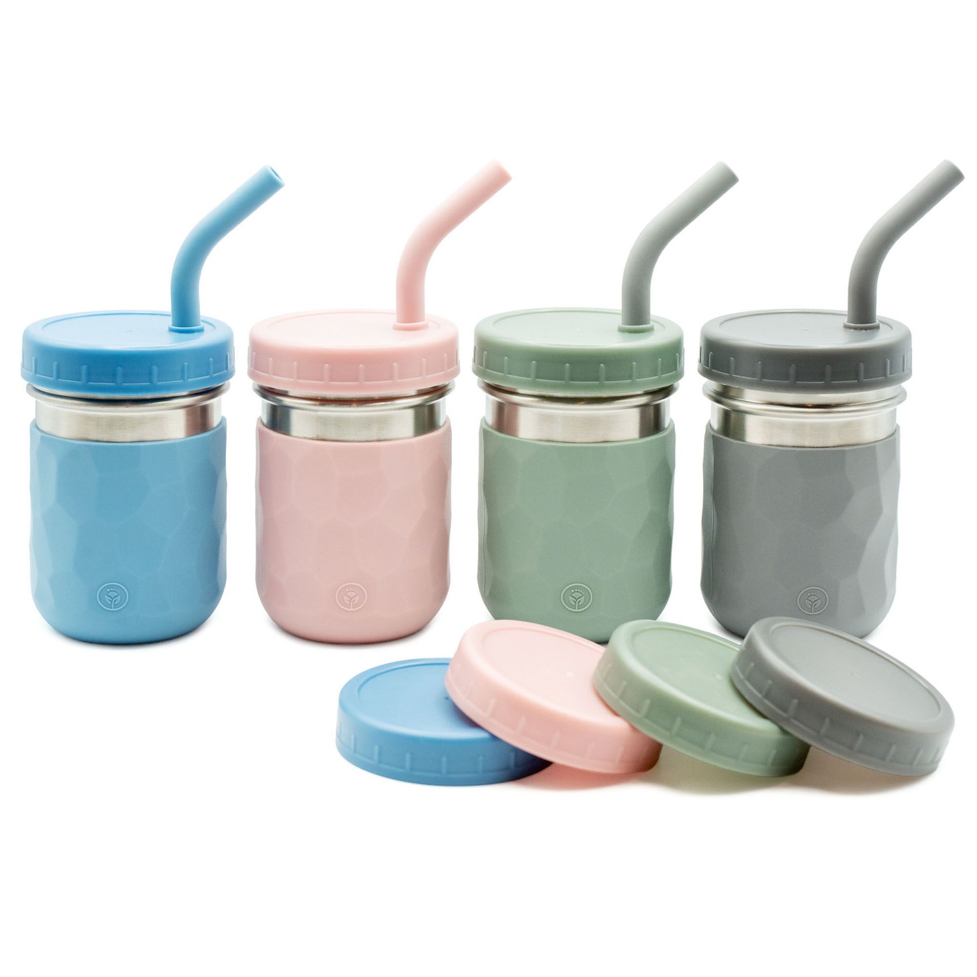WeeSprout 2-in-1 Drinking Cups for Kids, Durable Stainless Steel Tumblers - 8 oz, Set of 4 (Matte Green, Pink, Blue and Dark Gray)