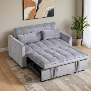 3 in 1 Convertible Sleeper Sofa Bed, Modern Pull Out Couch Bed, Adjustable Backrest, Velvet Loveseat Futon Sofa with Pillows - Leovsnove - 1 of 4