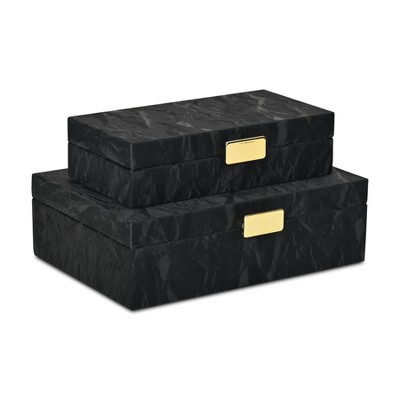 Cheung's Ausel Crinkled Gloss Pattern Set of 2 Boxes with Gold Handles - Black