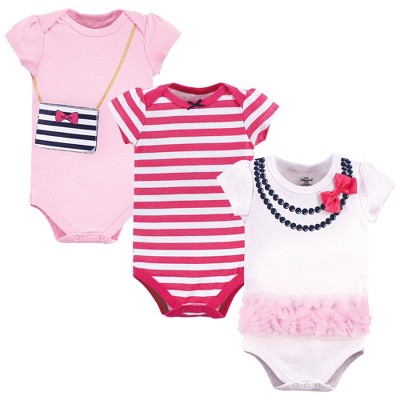 Little Treasure Baby Girl Cotton Bodysuits 3pk, Pink Navy Necklace