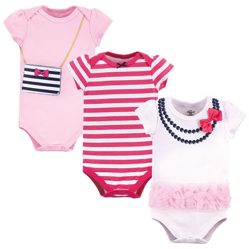 Little Treasure Baby Girl Cotton Bodysuits 3pk, Pink Navy Necklace, 1 of 5