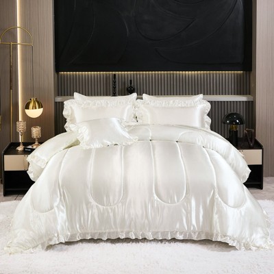 Silky Satin Comforter Set with Sheet Set, Ruffle Pinch Pleat Bedding, Luxury Soft Hotel Satin Quilt Set with Cushion Cover