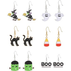 Halloween Drop Dangle Earrings Set - Pumpkin, Ghost, Spider, Boo, Bat & Cat Hook Designs for Women - 1 of 4