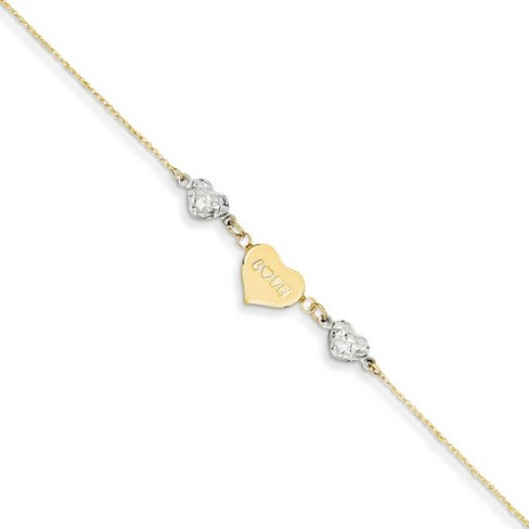 Black Bow Jewelry 14k Two-Tone Gold Diamond-Cut Puffed and Love Heart Anklet, 9 Inch - image 1 of 4