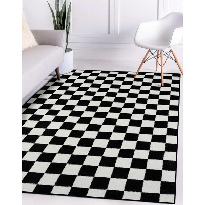 Black and White Geometric Checkered Synthetic Area Rug