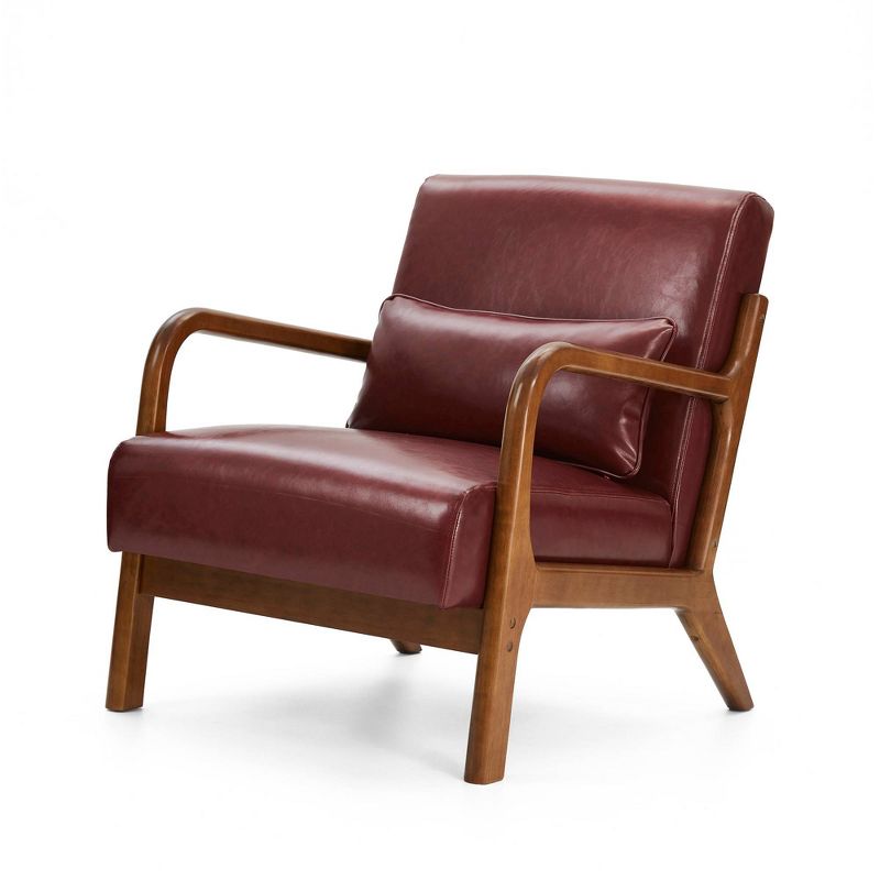 Mid-Century Modern Leatherette Arm Accent Chair Walnut Rubberwood Frame Burgundy - Glitzhome, 1 of 11