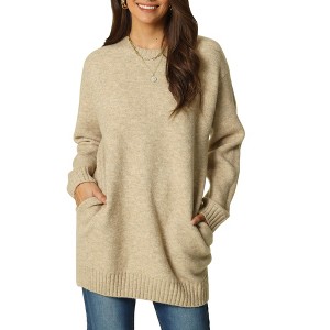 Seta T Women's Fall Winter Round Neck Long Sleeve Casual Tunic Sweater with Pockets - 1 of 4
