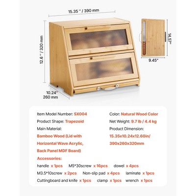 VEVOR Double Layer Bread Box for Kitchen Counter, Large Capacity Bamboo Bread Storage Container, Farmhouse Wooden Breadbox, Natural — фото 8