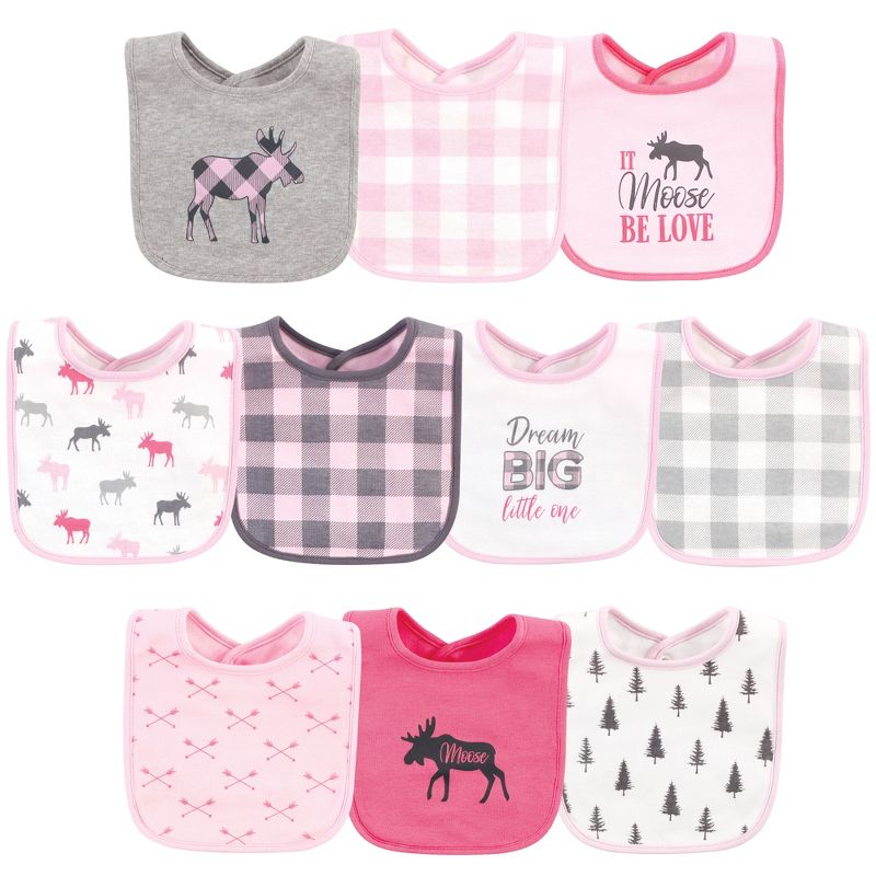 Hudson Baby Infant Girl Cotton Bibs, Pink Plaid Moose, One Size, 1 of 4