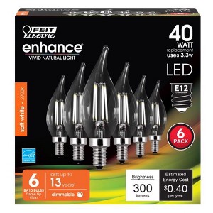 Feit Enhance - Filament - LED Bulb - CA10 (Flame Tip) - E12 (Candelabra) - 40 Watt Equivalence - Soft White - 6 Pack - 1 of 1
