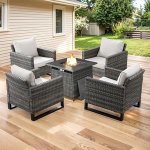 Buenhomino Patio Wicker Furniture Set with Fire Pit Table, PE Rattan Swivel Patio Chairs with Propane Fire Pit Table, 5 Pieces Patio Conversation Set - 1 of 4