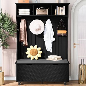 47-Inch Wide Entryway Bench, 4-in-1 Hall Tree with Storage, 4 Hooks & Cushion, Space-Saving Shoe Organizer for Mudroom, Black - 1 of 4