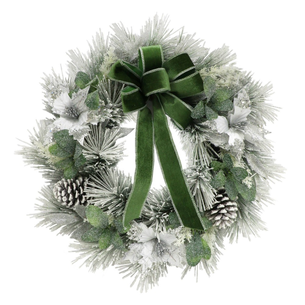 Photos - Other Decoration Puleo 24" Decorated and Flocked Artificial Christmas Wreath: PVC Material, Indoor/Outdoor Use 
