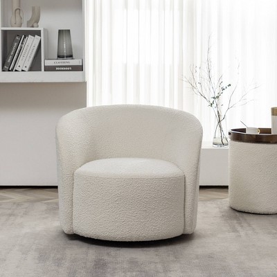 Cream Upholstered Swivel Barrel Accent Chair with Wood Frame