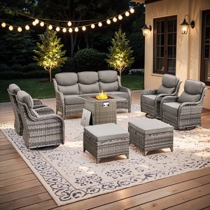 Buenhomino Patio Furniture Set with Fire Pit, Outdoor Wicker Furniture, 8 Pieces Deep Seat Rattan Conversation Sofa Sets with 6-inch Thicked Cushions - 1 of 4