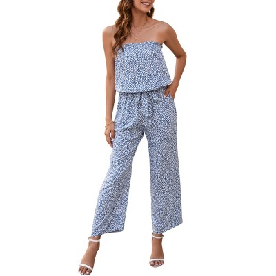 Women's Rompers Casual Off Shoulder Printed Sleeveless Belted Wide Leg Jumpsuit with Pockets