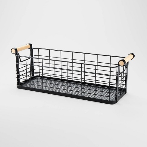 MyGift Storage Baskets with Handles, Black Metal Wire and Torched Wood Rectangular Wall Baskets, Set of 2