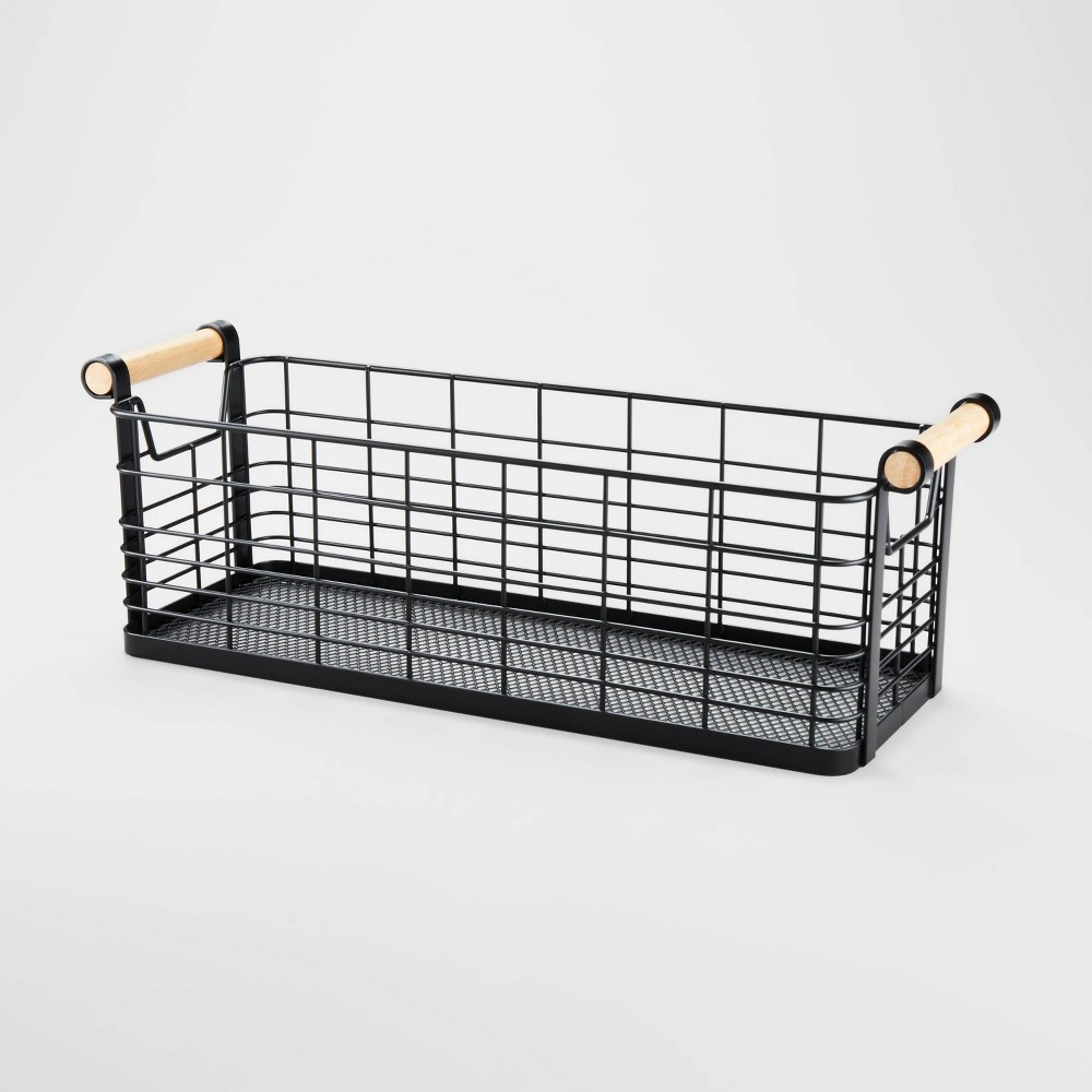 16" x 6" x 6" Medium Rectangular Wire Natural Wood Handles Basket Black - Brightroom™