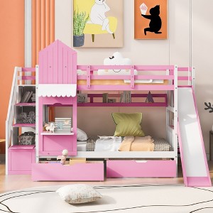 VYNXARIA Twin-Over-Twin Castle Bunk Bed with Slide - Charming Pink Design - 1 of 4