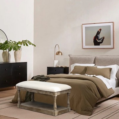 Beige Linen Upholstered Bench with Storage Shelf